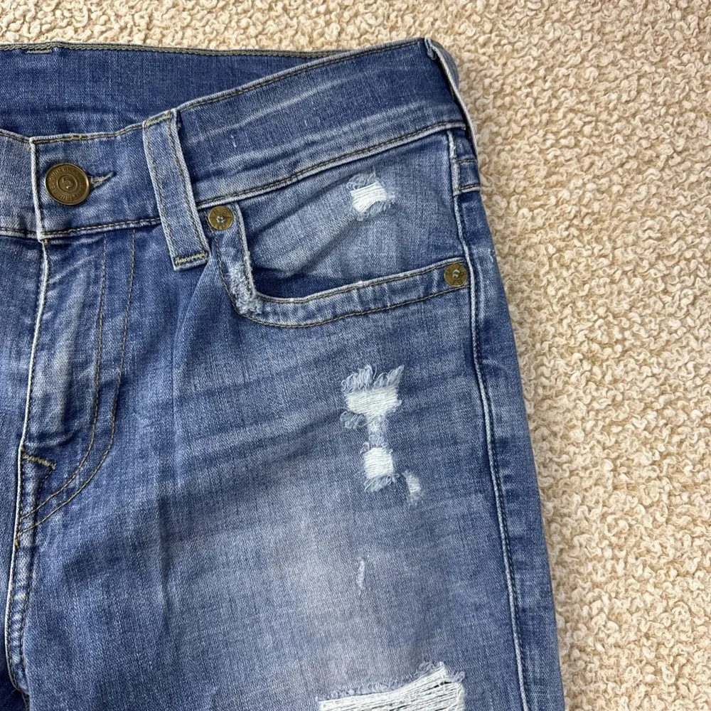True Religion Jeans Mens 31x33 Blue ROCCO Relaxed Skinny Whiskered Distressed